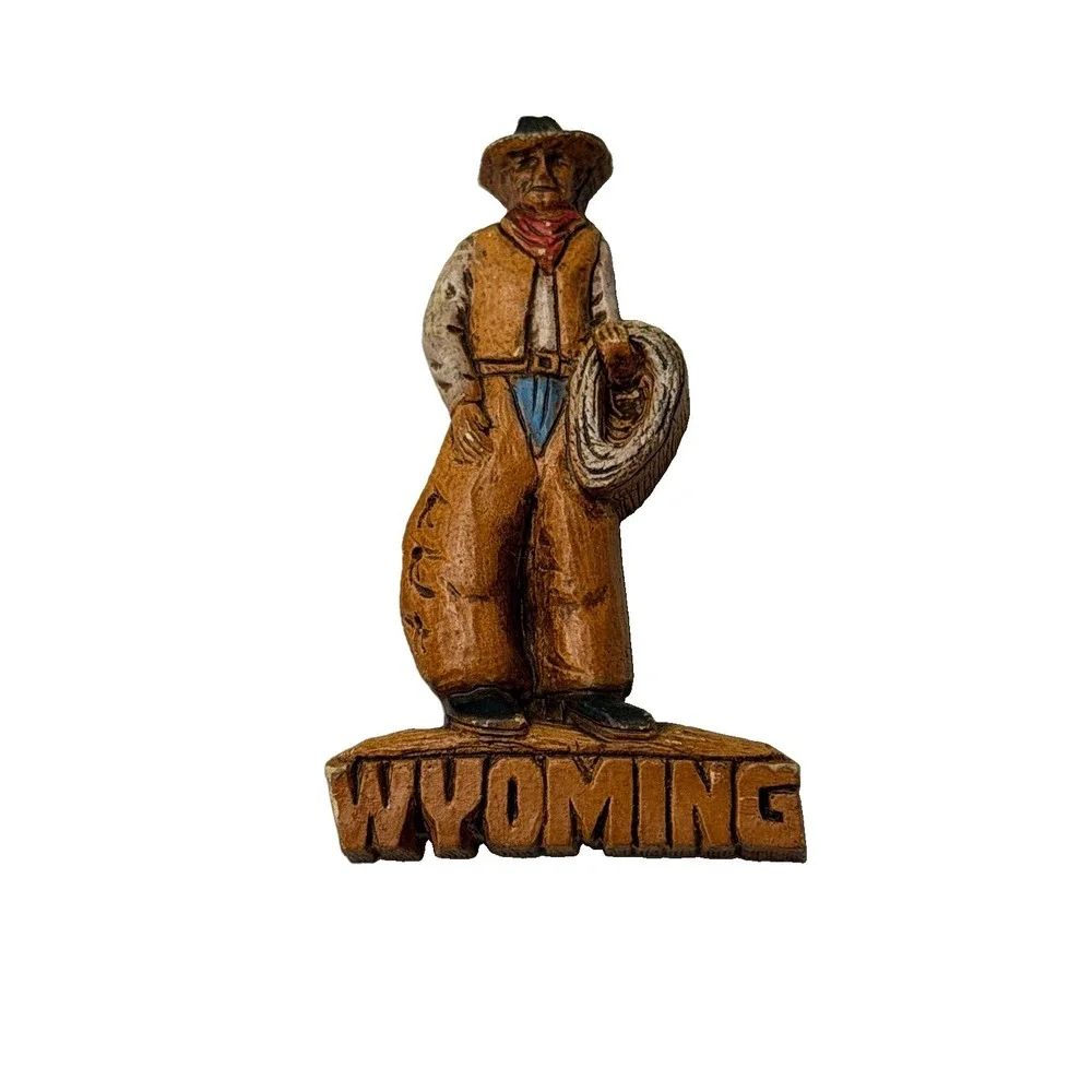 Vintage Wooden Wyoming Cowboy Shaped Refrigerator Magnet